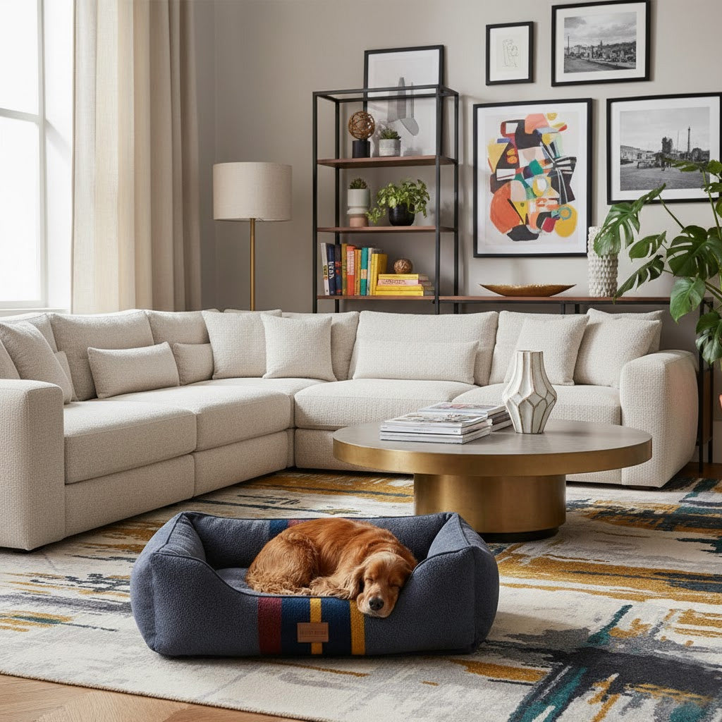 Aestheticly pleasing Pendleton bolster dog bed in large size.