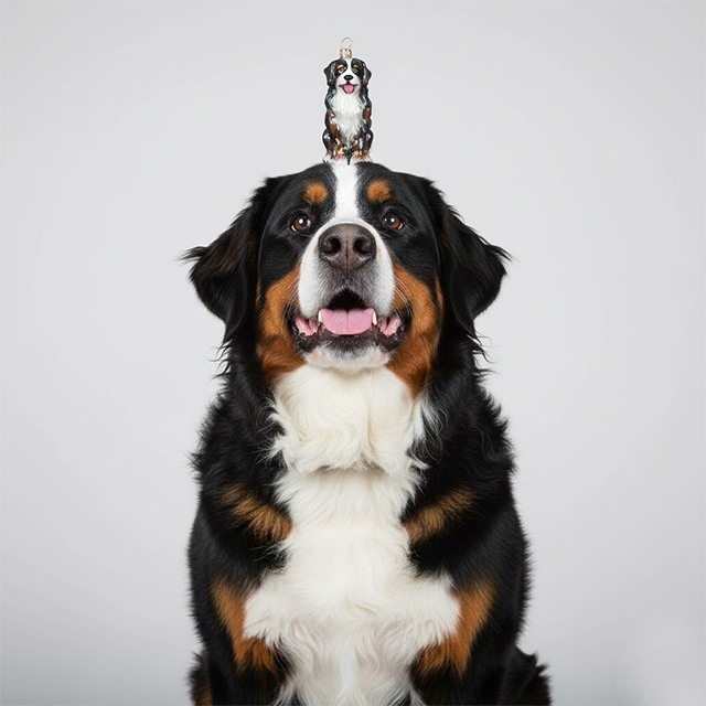 Bernese Mountain dog with a Christmas pet ornament shaped like bernese mountain dog breed on its head against a white background