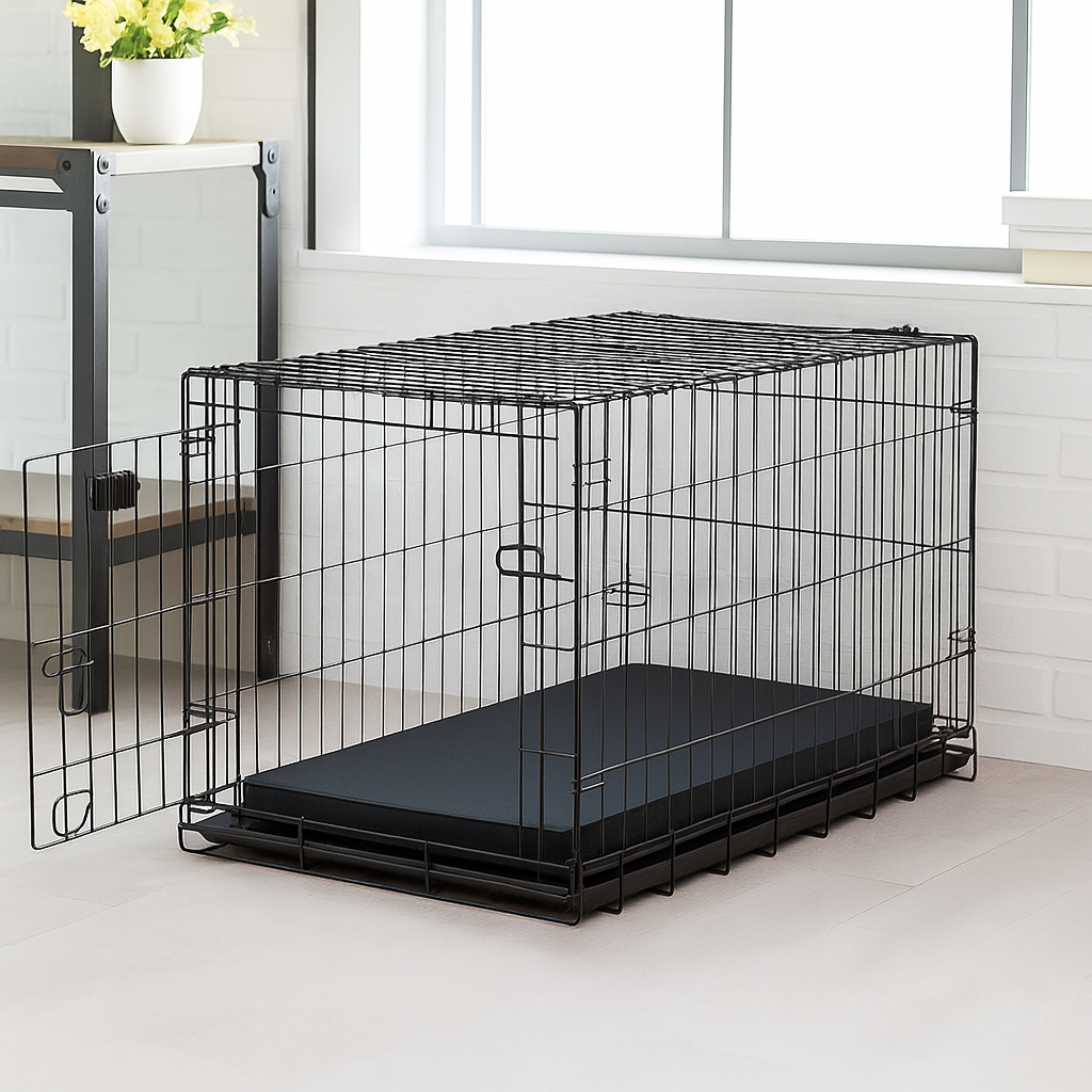 Black wire pet crate with a black crate pad cushion on a light-colored floor.