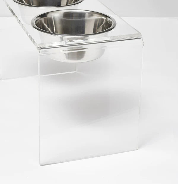 Three bowl elevated dog feeder with acrylic stand and lead-free stainless steel bowls