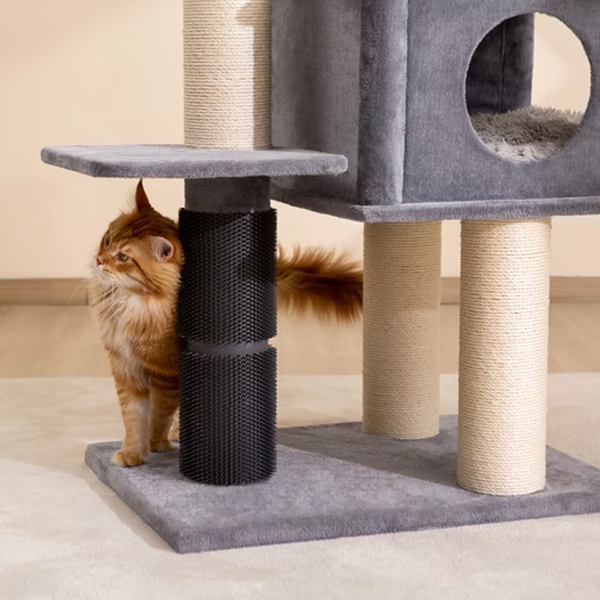 Cat playing with a gray large size cat tree with multiple levels and scratching posts.