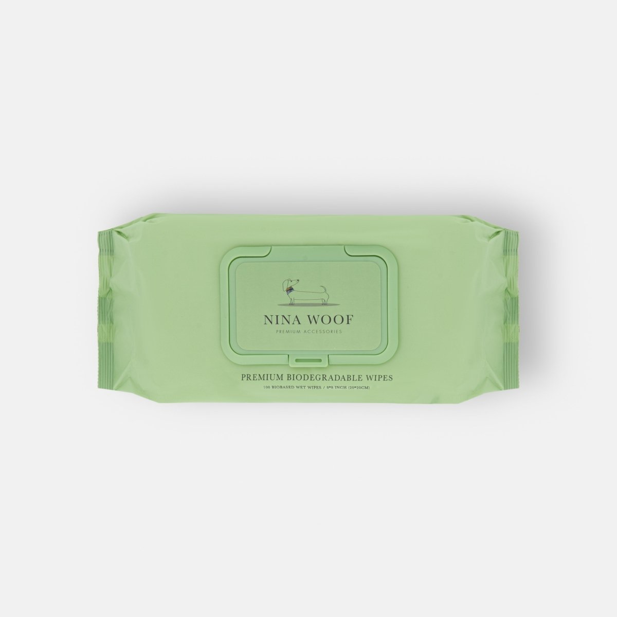Green package of Nina Woof premium biodegradable  dog wipes on a white background