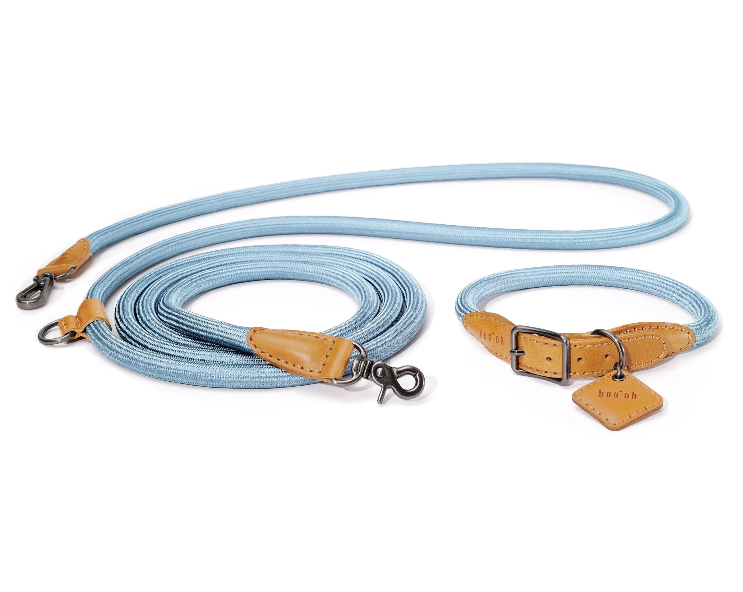 Boo oh luxury dog leash and collar set with blue rope and brown leather accents on a white background
