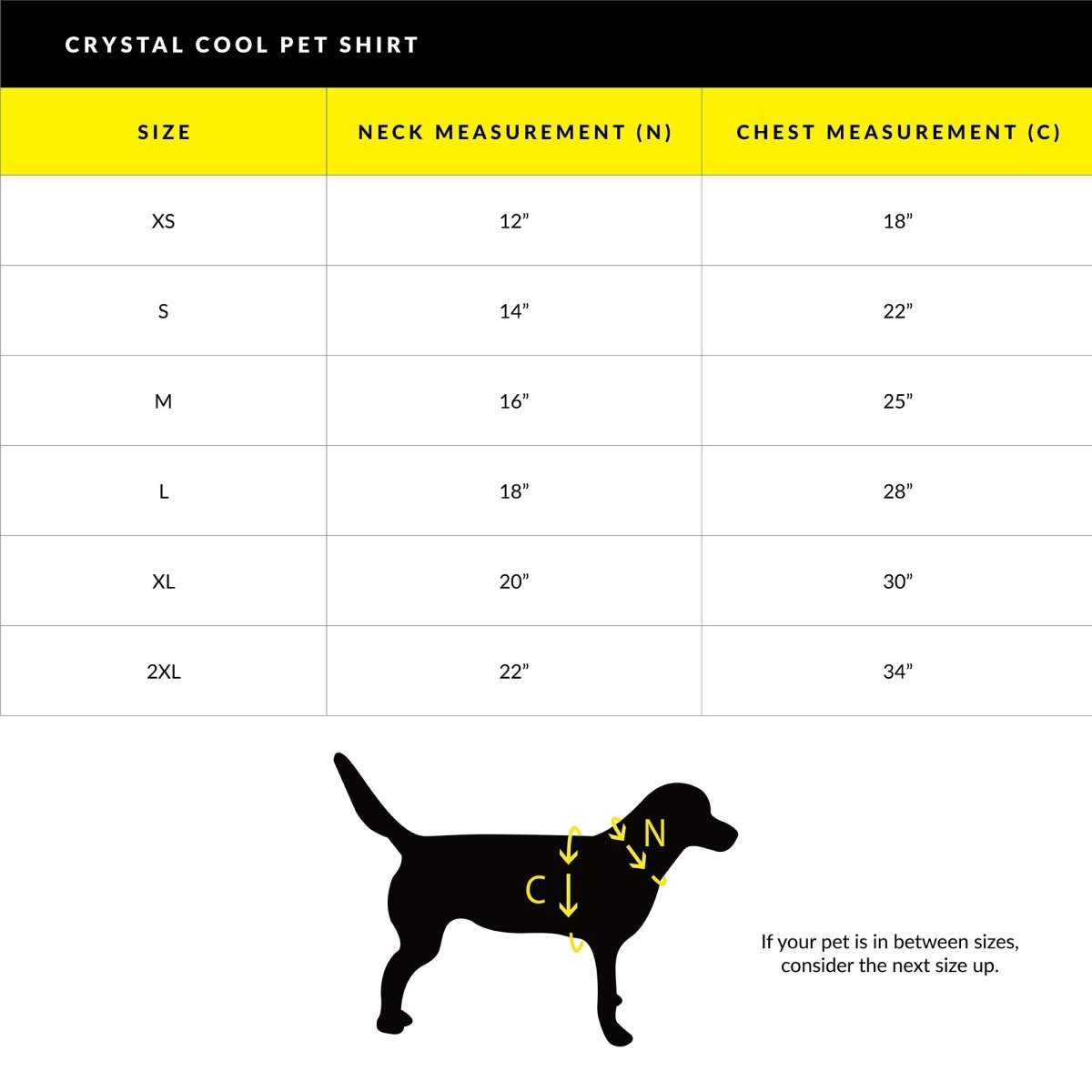 Body Glove Crystal Cool dog cooling shirt size chart, neck and chest measurements XS to XXL