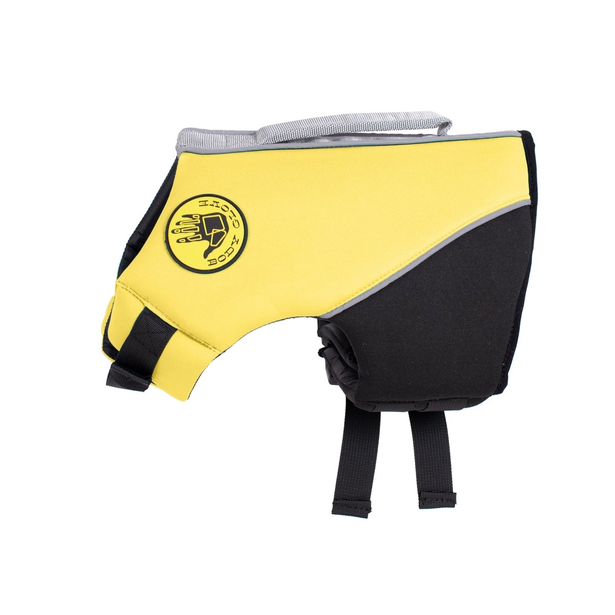 Body glove brand yellow and black dog vest with a logo
