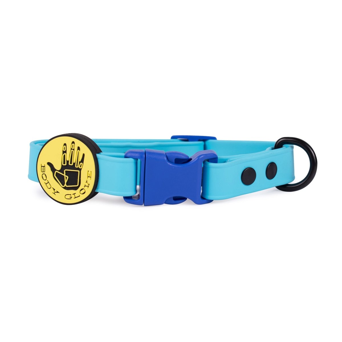 Blue dog collar with a yellow Body Glove tag on a white background
