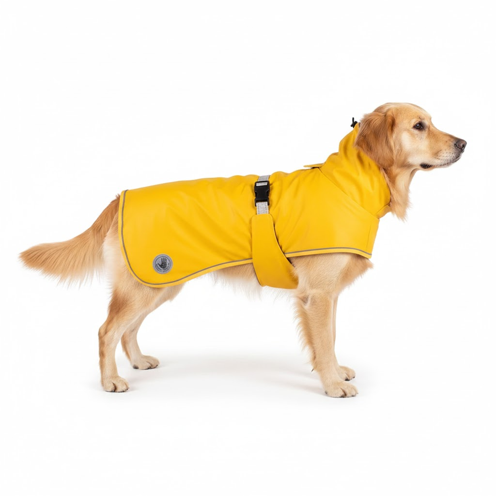 Golden retriever dog wearing a yellow raincoat on a white background