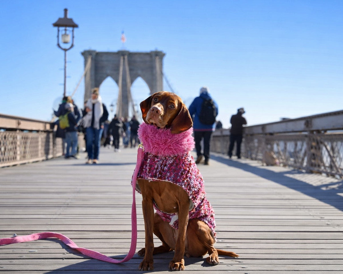 Vizsla in a pink Bowsers Manhattan Walking Coat sitting on the Brooklyn Bridge