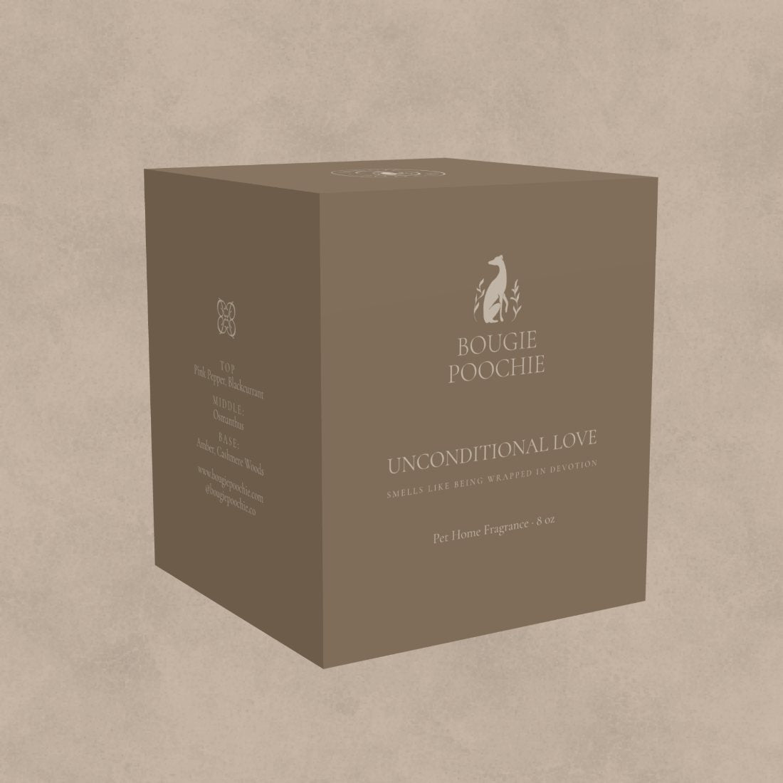 Unconditional Love pet-friendly candle in its taupe gift box