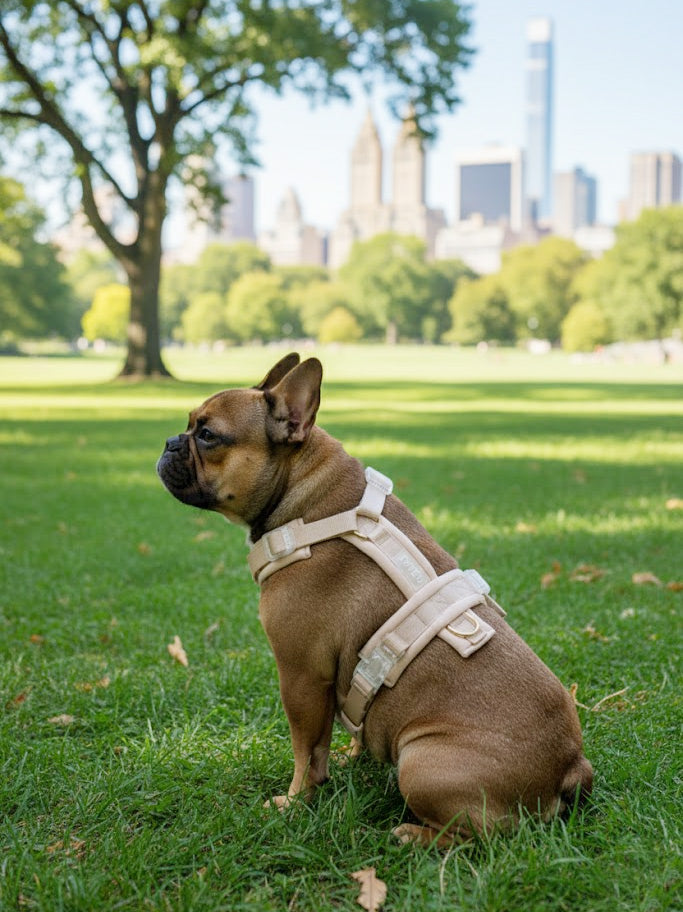 French bulldog wearing a dog harness in a park with trees and buildings in the background