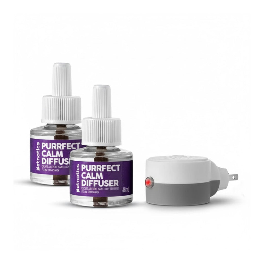 Two bottles of 'Purrfect Calm Diffuser' and a diffuser unit on a white background