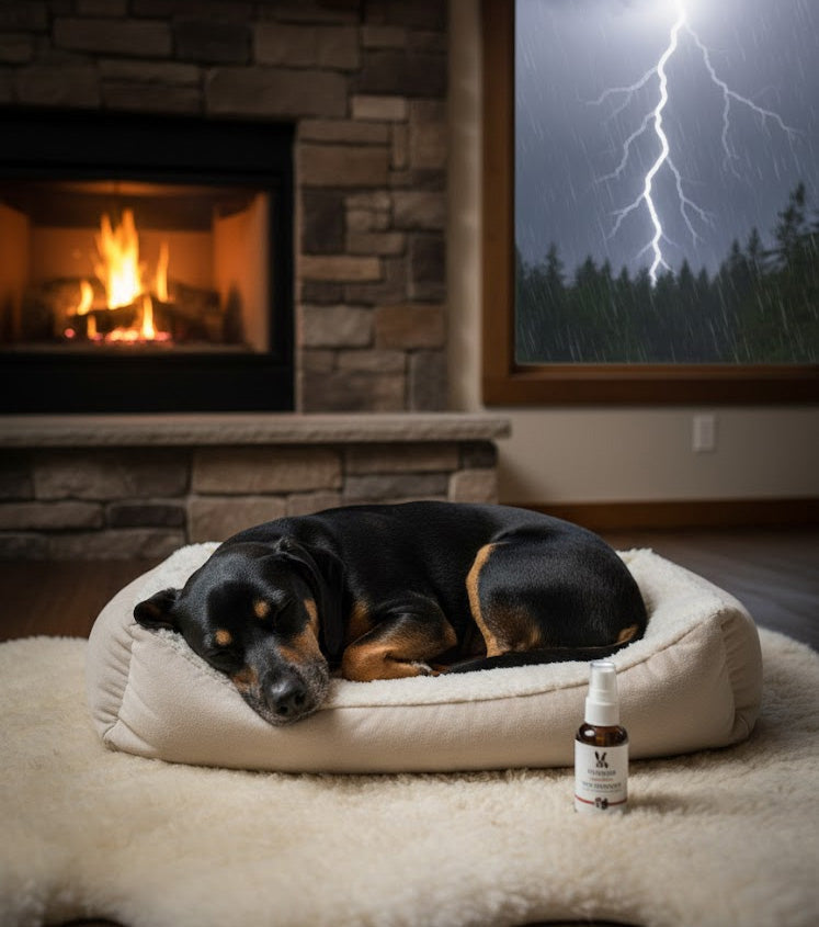 Dog lying on a bed next to a bottle of calming spray during a loud storm
