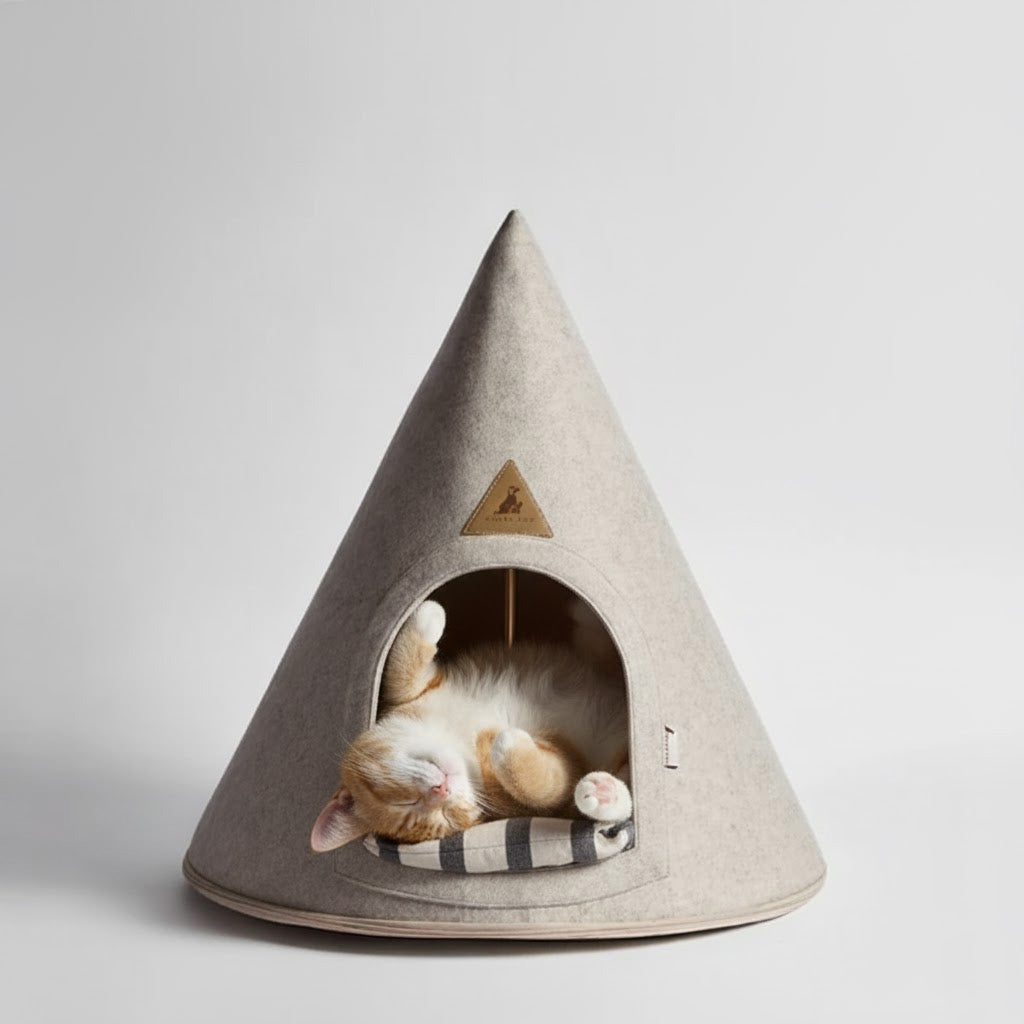 Cat lying inside a cone-shaped cave pet bed on a light gray background