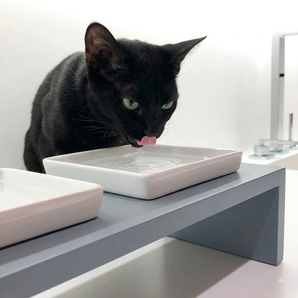 Black cat drinking water from raised square ceramic dish on grey wooden stand