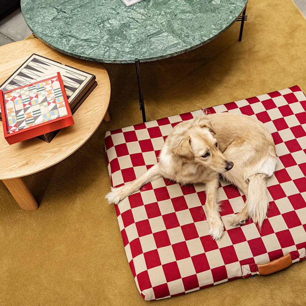 Large dog lying on a red and white checkered pet bed in a living room setting.