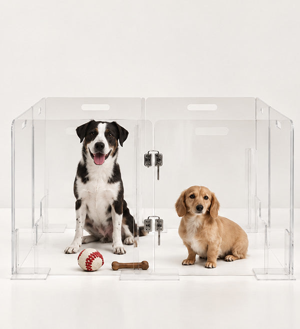 Two dogs sitting inside a clear acrylic dog playpen with metal latch doors