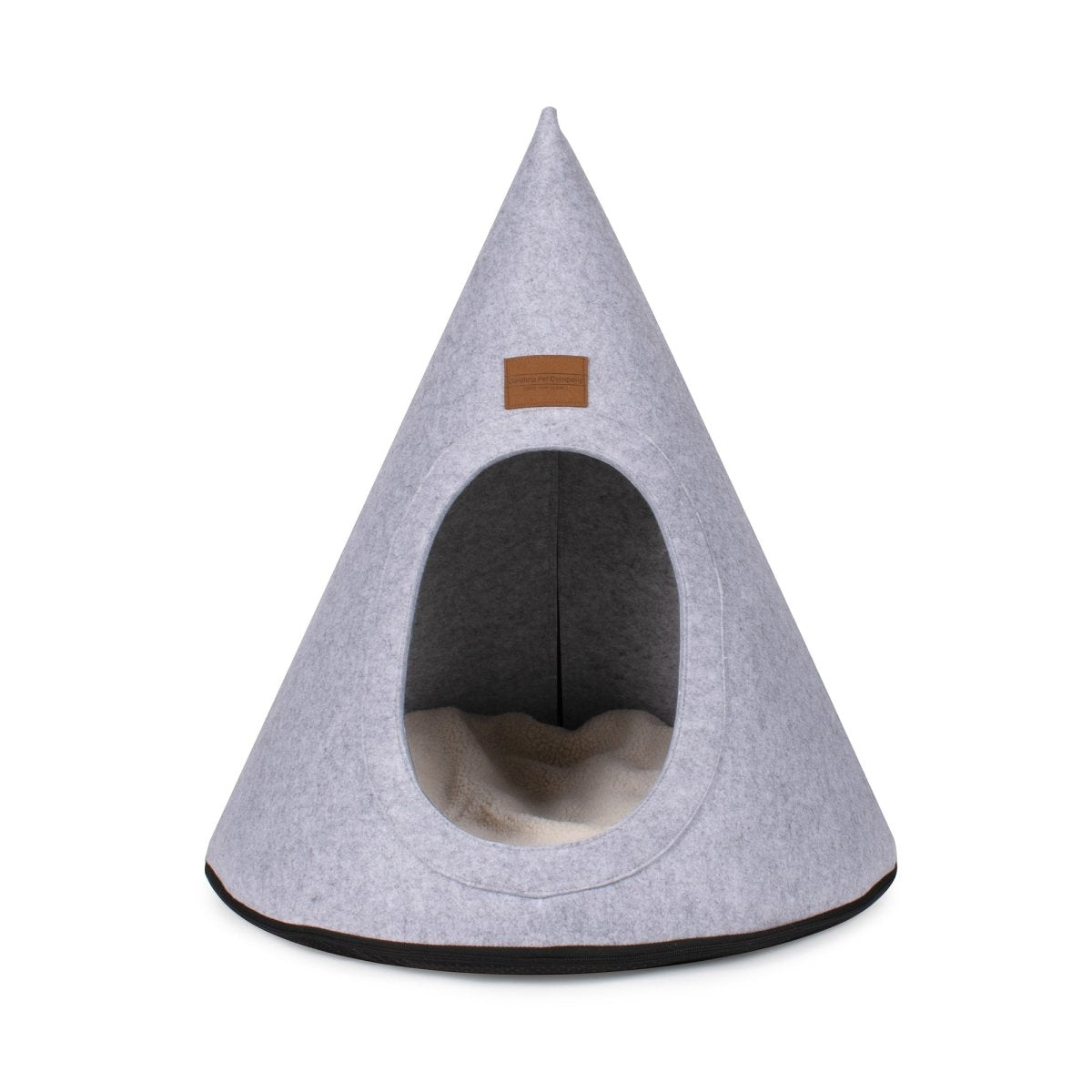 Gray cone-shaped pet bed with a wooden label on a white background
