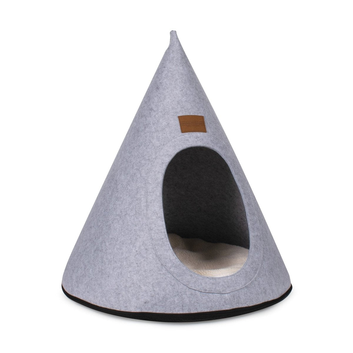 Gray cone-shaped pet bed with a brown label on a white background