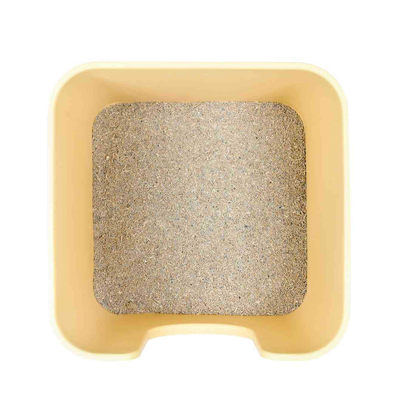 Square XXL cat litter box with sand on a white background