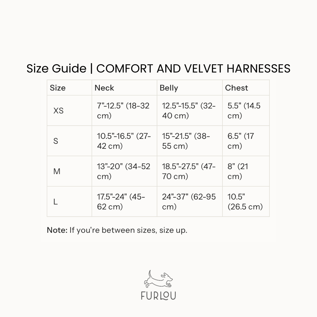 Size guide for comfort and velvet harnesses by Furlou on a white background
