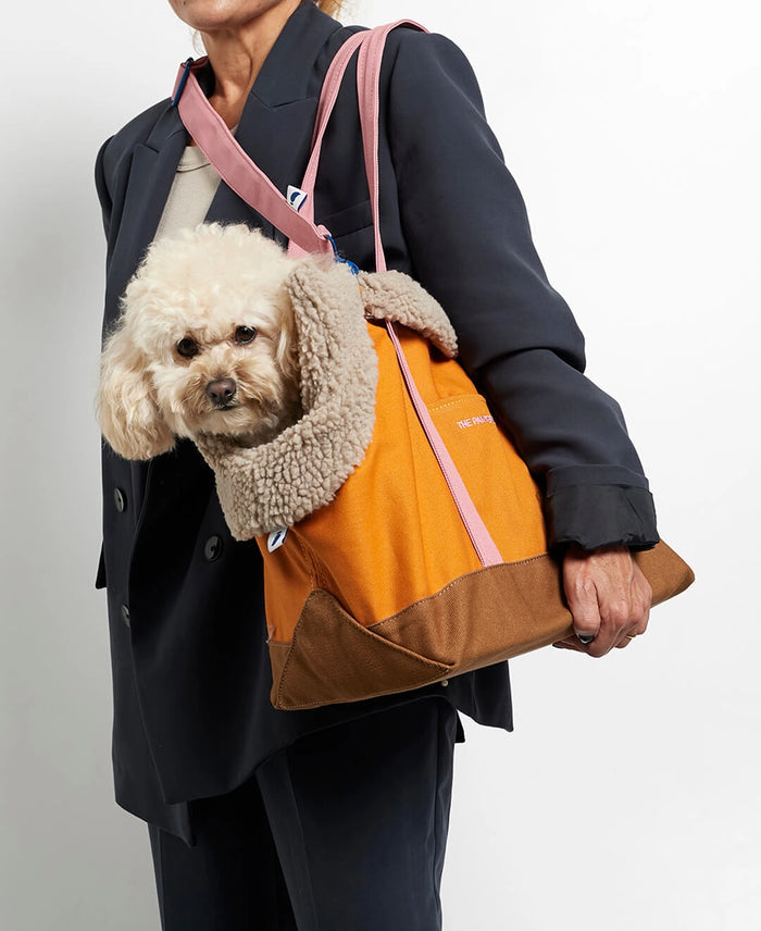Woman carrying her small dog inside a cotton canvas dog tote