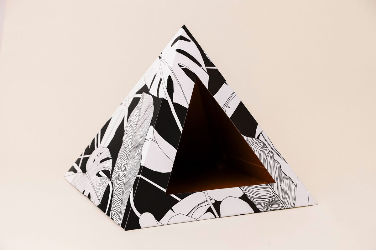Pyramid cardboard cat hideaway bed box with black and white leaf pattern on a beige background