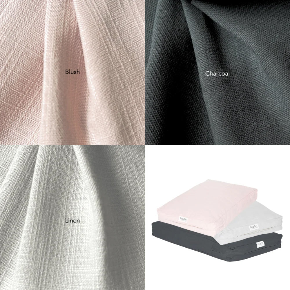 Fabric swatches labeled 'Blush', 'Charcoal', and 'Linen' with a mattress stack below.
