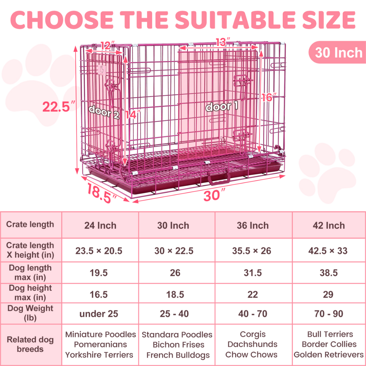 Collapsible Pink Dog Crate Small to XL Size Up to 42"