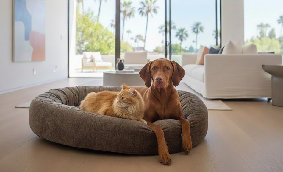 A cat and a dog resting on a brown pet bed with cotton cover in donut shape.