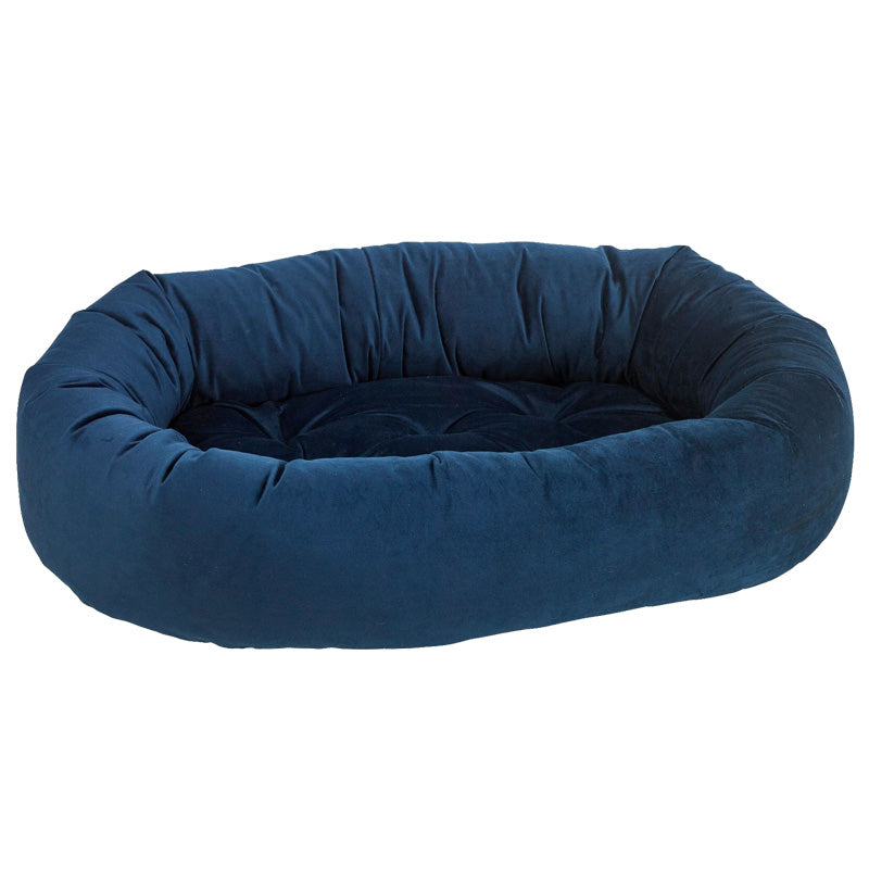Microvelvet navy color bowsers donut dog bed with upholstery fabric