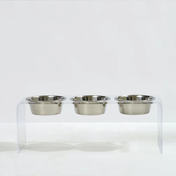 Three bowl elevated dog feeder with acrylic stand and lead-free stainless steel bowls