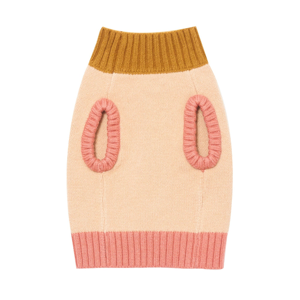 Knitted dog sweater with mustard yellow collar and pink accents on a white background