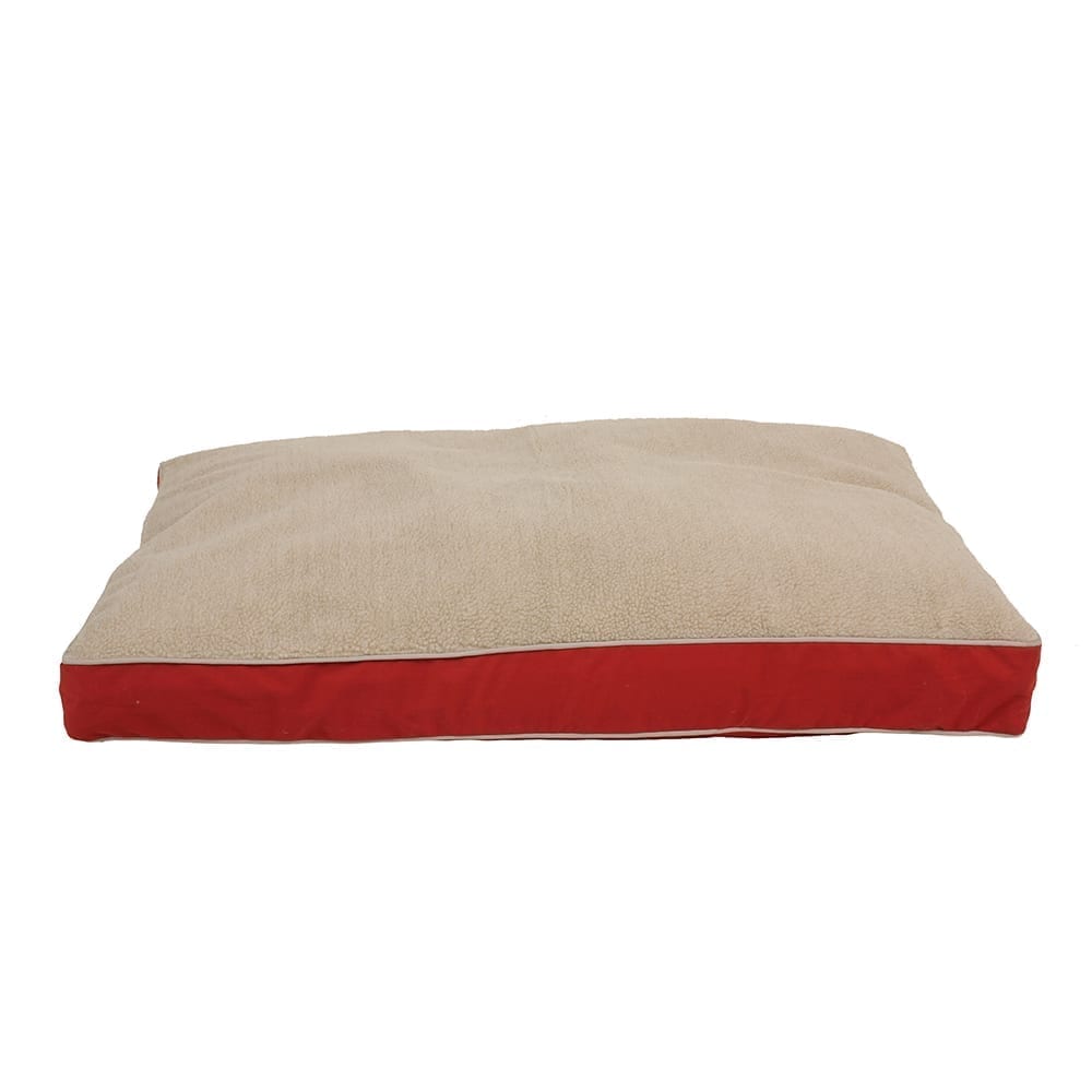 Beige and red pet bed on a white background