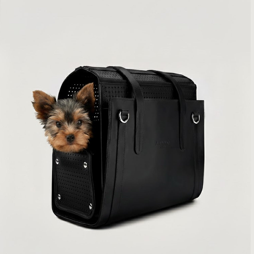 Black pet carrier with a small dog peeking out on a light gray background