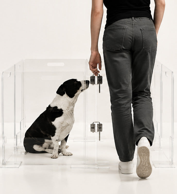 A person walks beside a clear acrylic dog gate with metal latch hardware, while a black-and-white dog sits inside the gate.