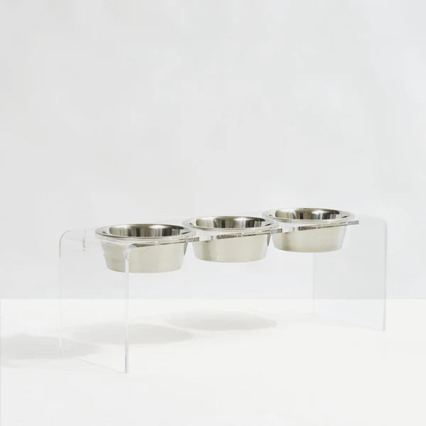 Three bowl elevated dog feeder with acrylic stand and lead-free stainless steel bowls