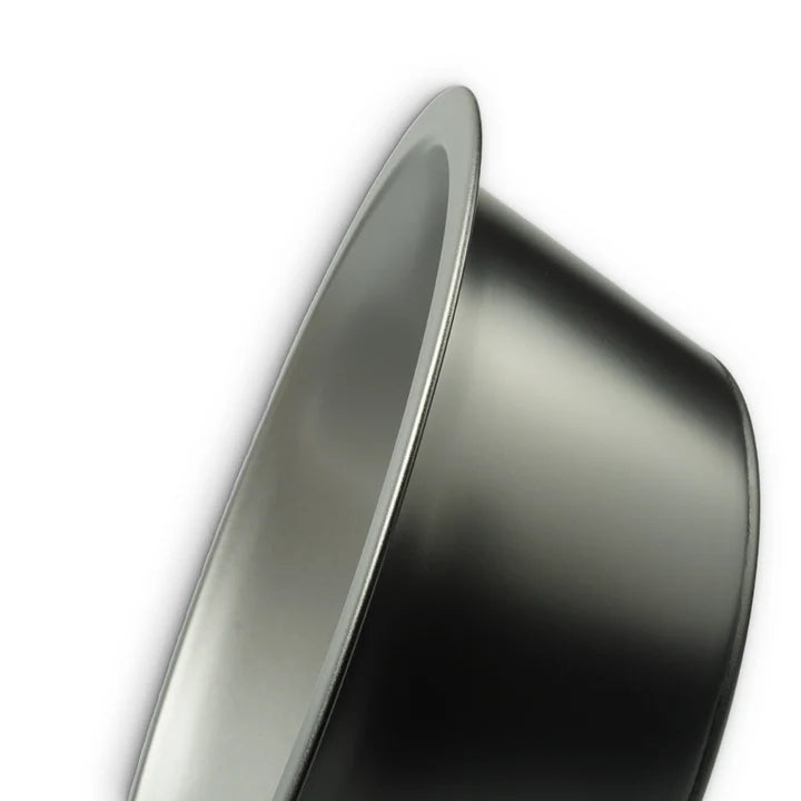 Close-up of a black and silver dog bowl on a white background