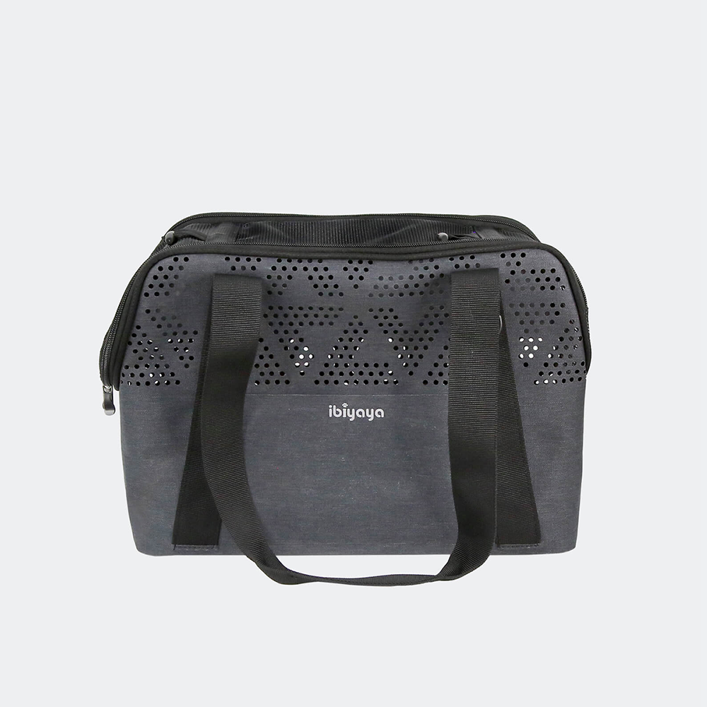Gray small dog carrier with 'ibiyaya' branding on a light gray background