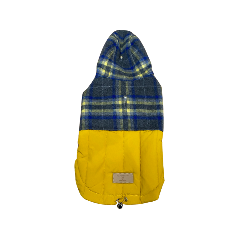 Plaid dog coat with yellow base on a white background
