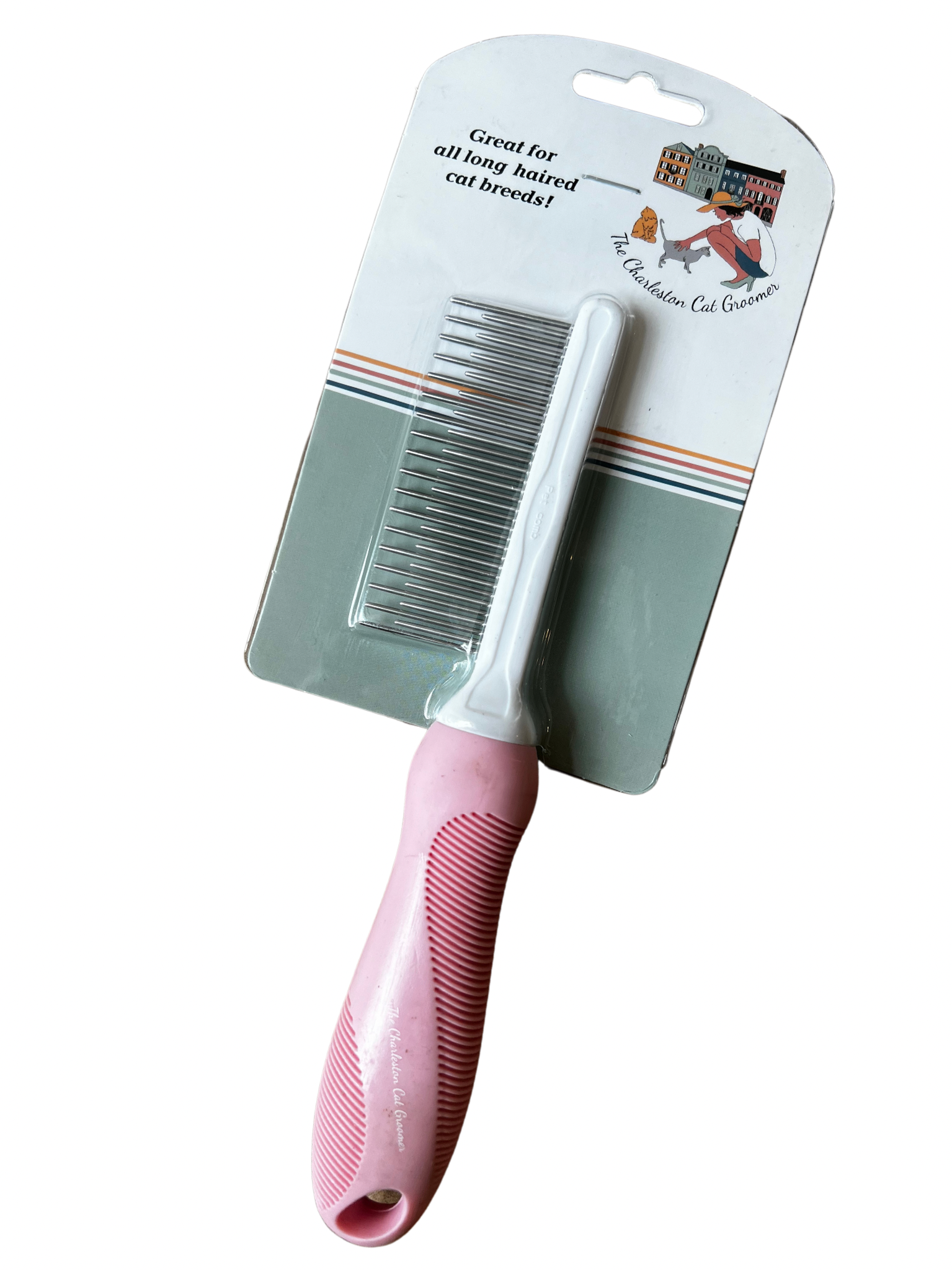 Pink pet comb on a white background with packaging that says great for long haired cat breeds