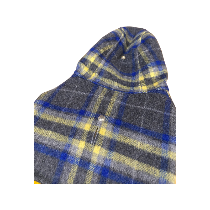 Plaid patterned hooded dog jacket on a white background
