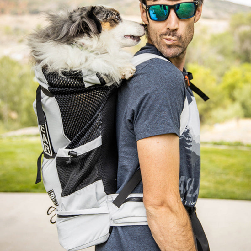 Dog owner carrying his dog on a backpack