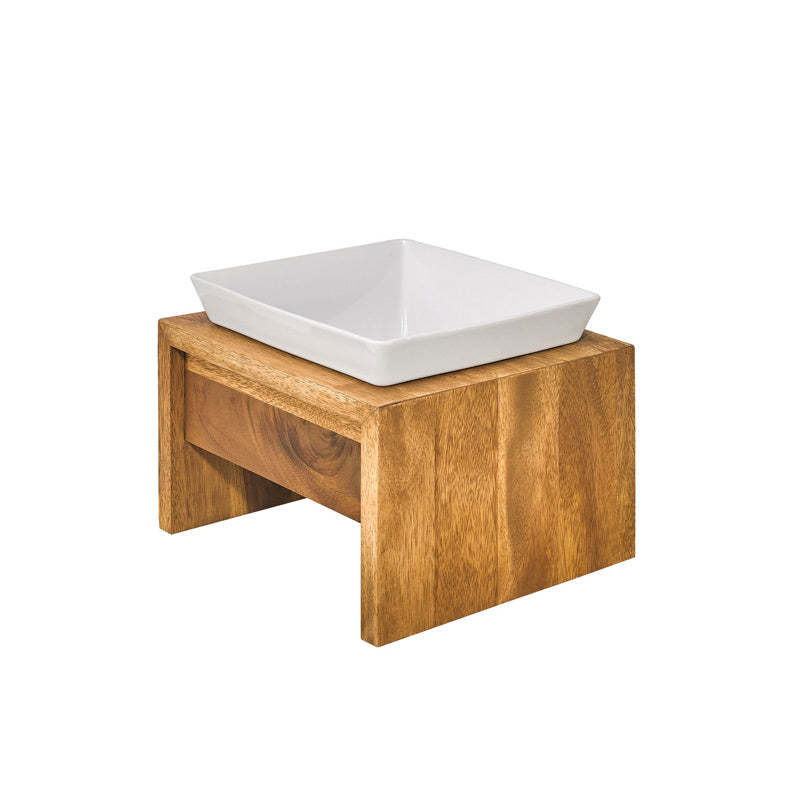 Ceramic dog bowl with bamboo wood stand