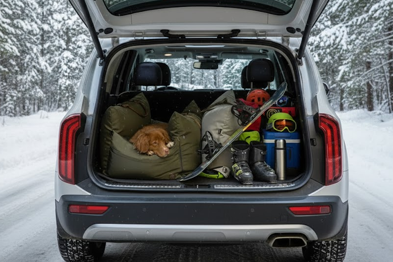 A dog car seat bed designed for large dogs, shown installed in the open trunk of an SUV, with a dog resting on it.