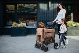 Mother walking her senior dog in a dog stroller wagon