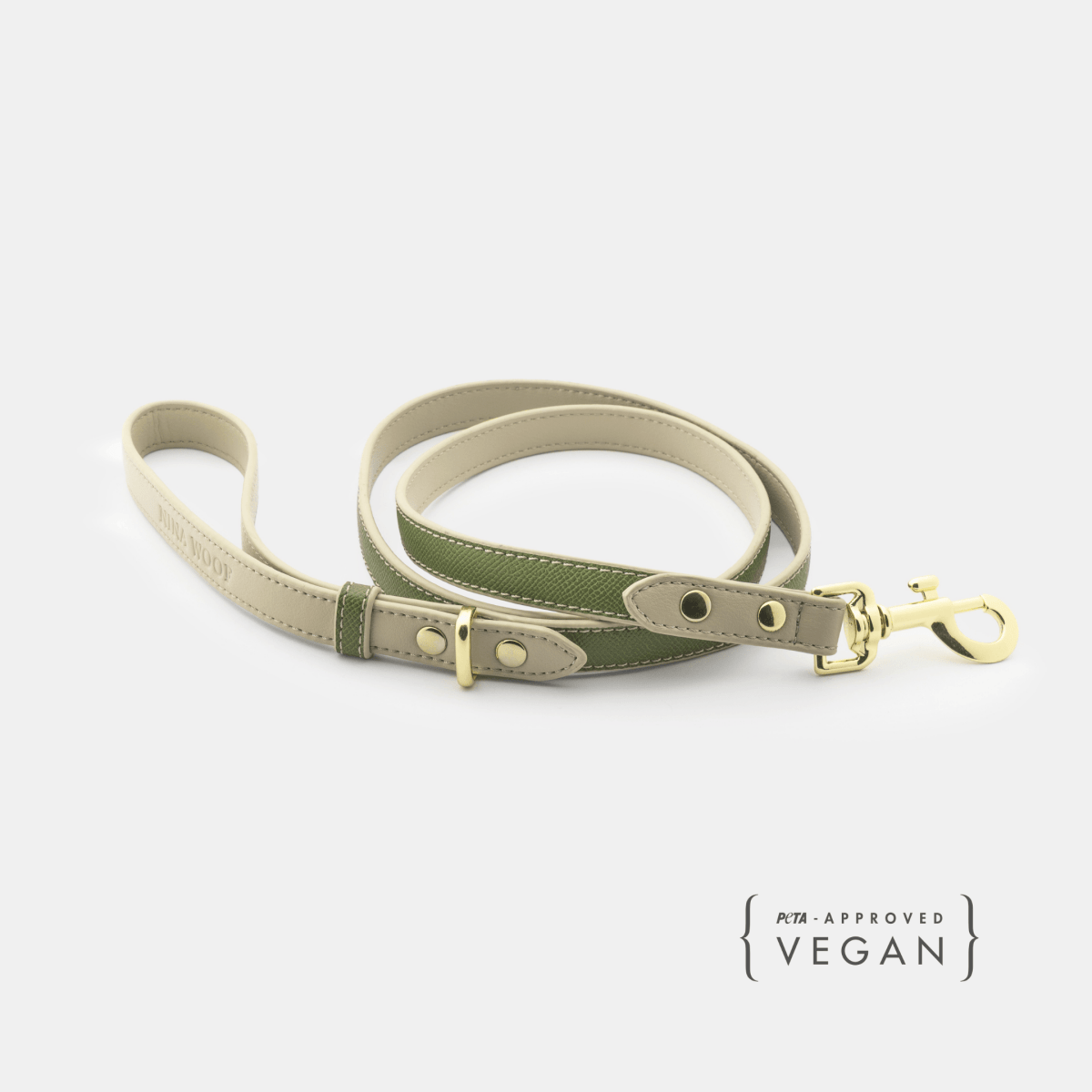 Vegan dog leash with green and beige design on a white background