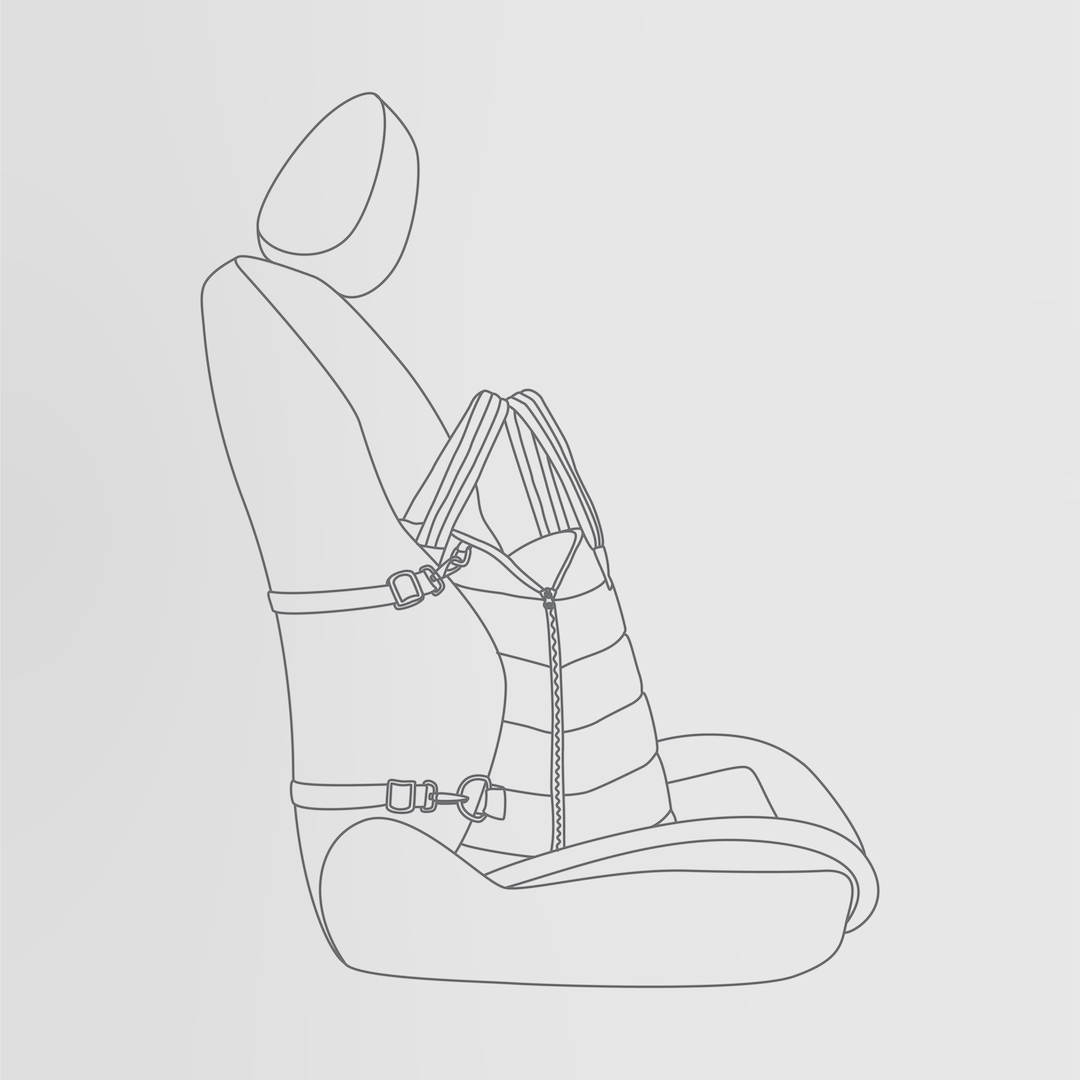 Line drawing of pet car seat with straps on a light gray background