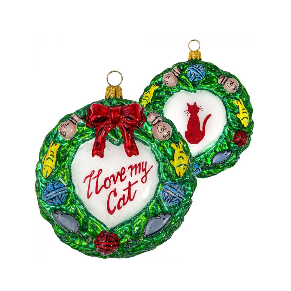 Decorative Christmas ornament with a wreath design, red bow, and 'I Love my Cat' text on a white background.