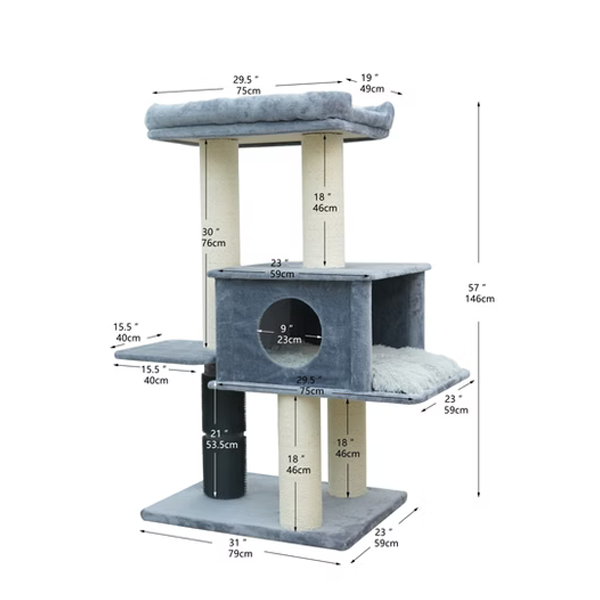 Extra large cat tree with dimensions labeled on a white background