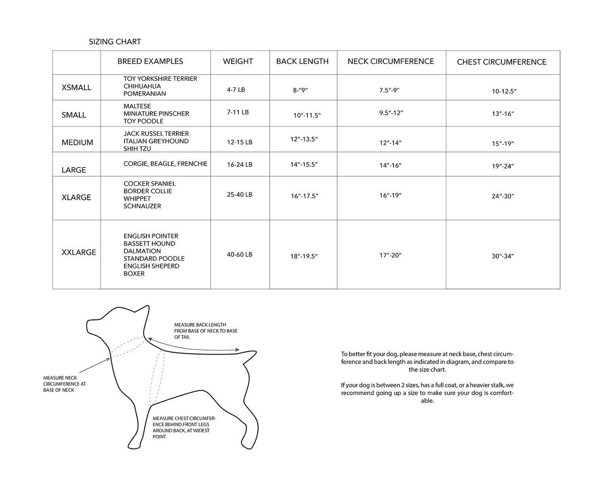 Brooklyn cashmere dog cardigan size chart with weight, back length, neck and chest measurements